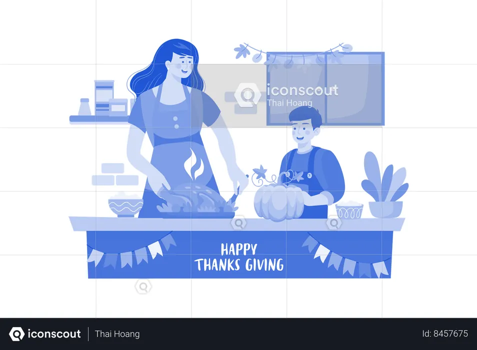Mother And Son Are Preparing Food For Thanksgiving Day  Illustration