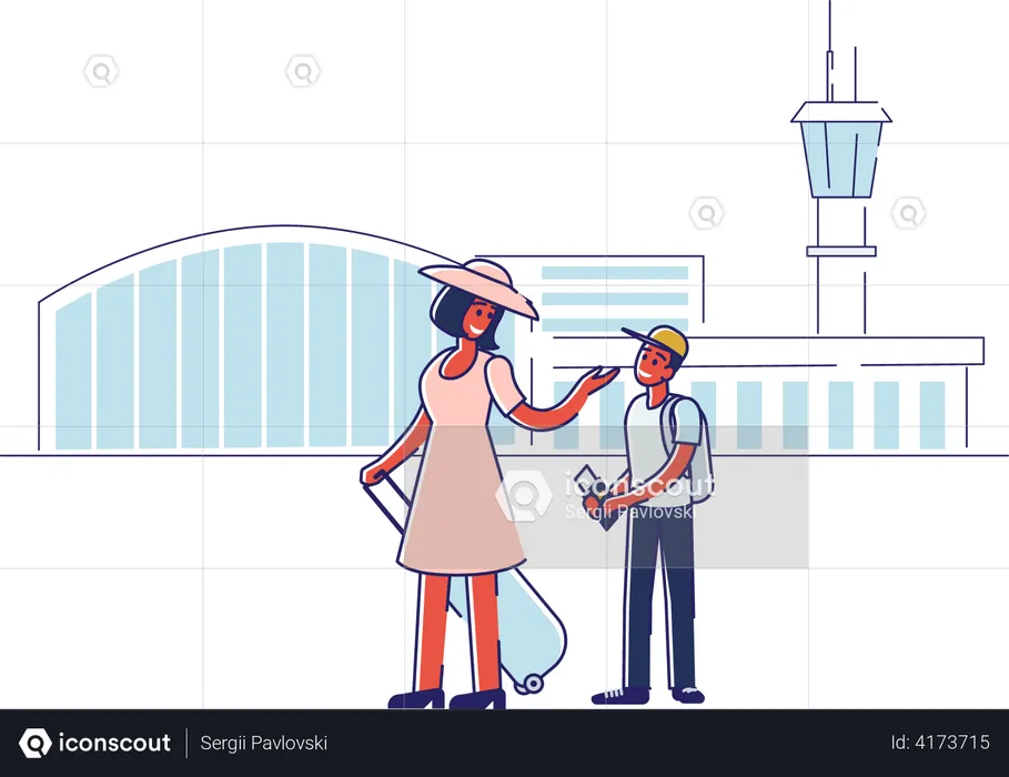 Mother and son boarding plane with passport  Illustration