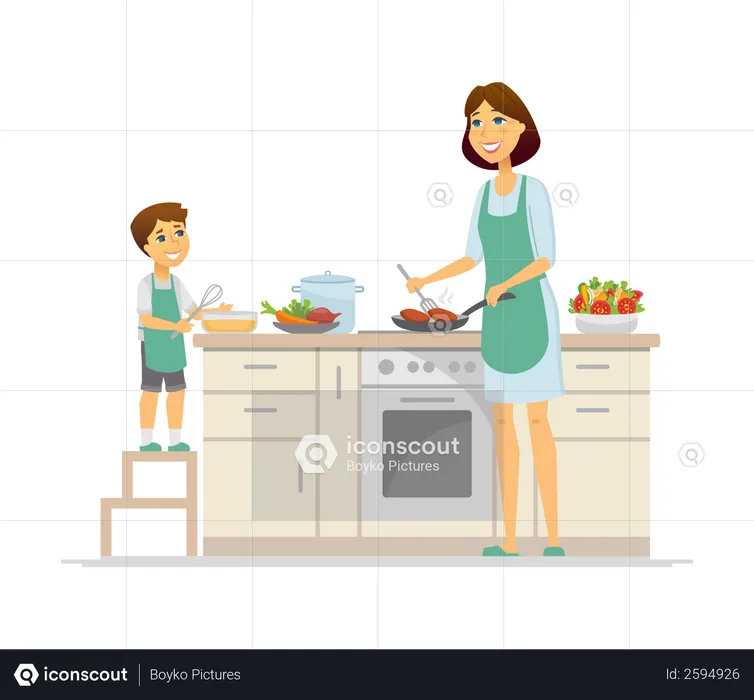 Mother and son cooking in the kitchen  Illustration