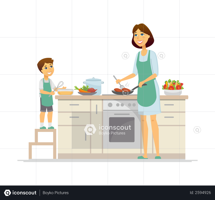 Best Premium Mother and son cooking in the kitchen Illustration ...