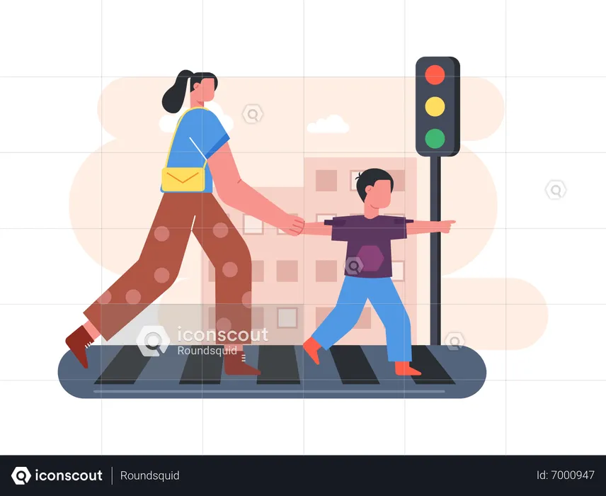 Mother and son crossing road  Illustration