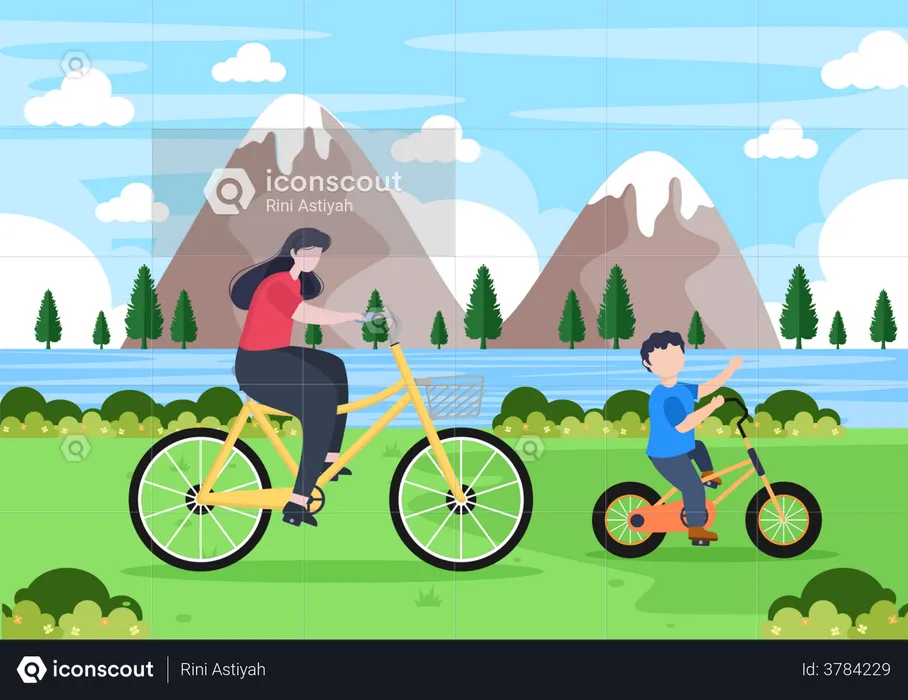 Mother and son cycling in park  Illustration