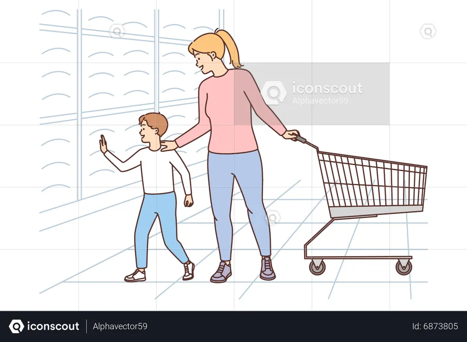 Mother and son doing grocery shopping  Illustration