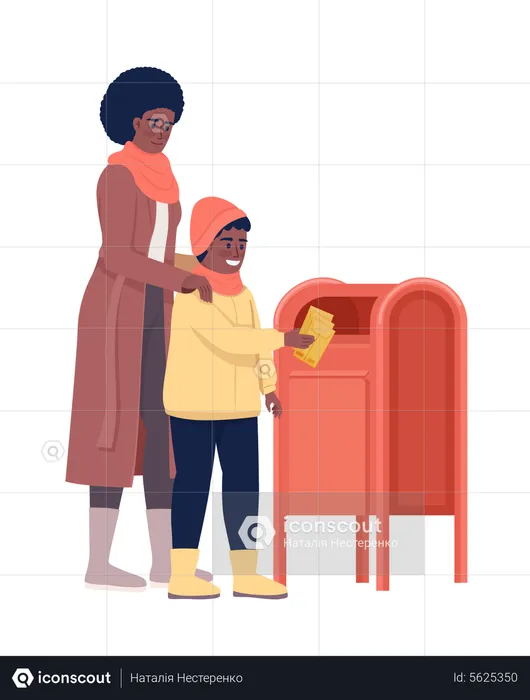 Mother and son drop letter in mailbox  Illustration