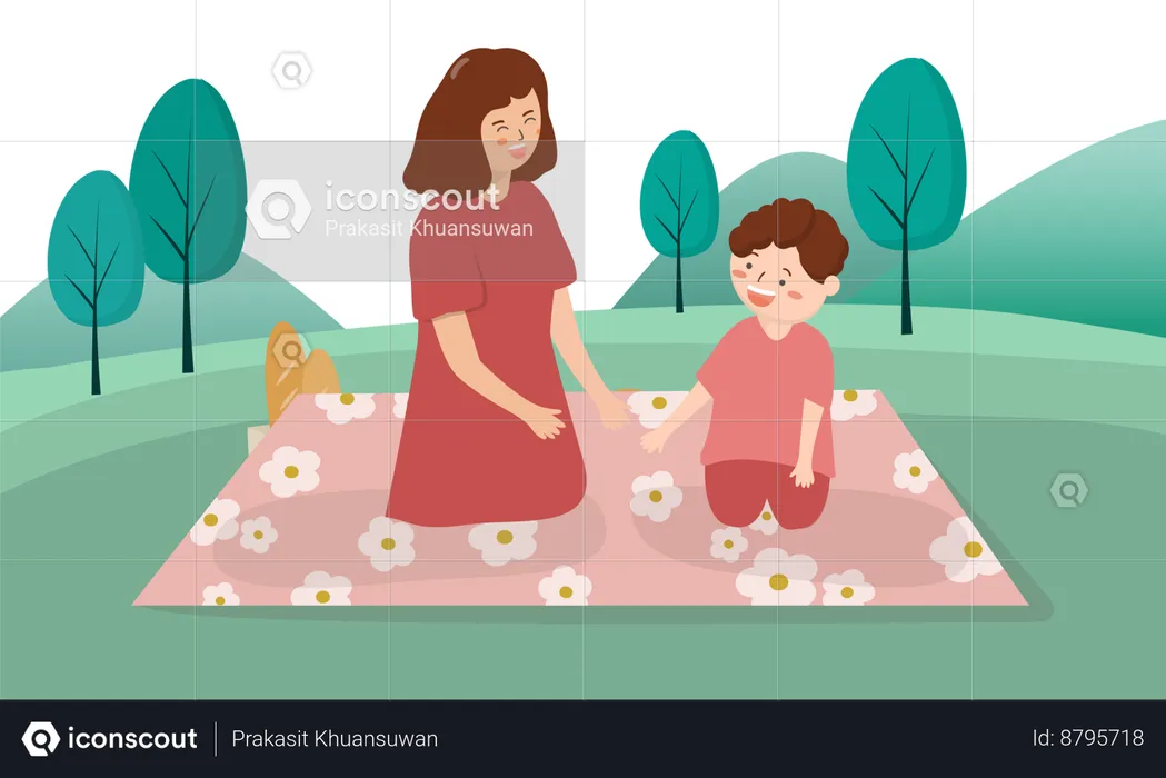 Mother and son enjoying picnic  Illustration