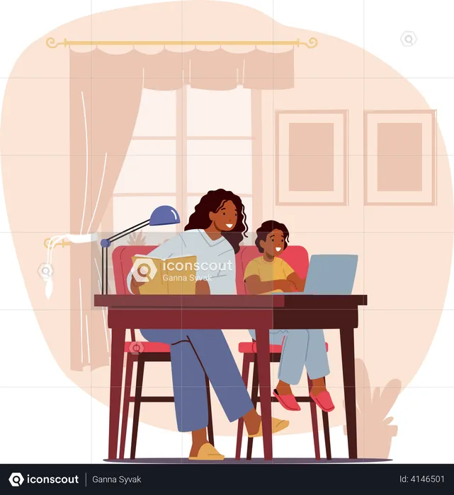 Mother and Son Learning Classes and Watching Webinar on Laptop at Home  Illustration