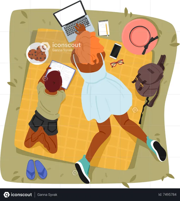 Mother And Son Lying On A Picnic Blanket  Illustration