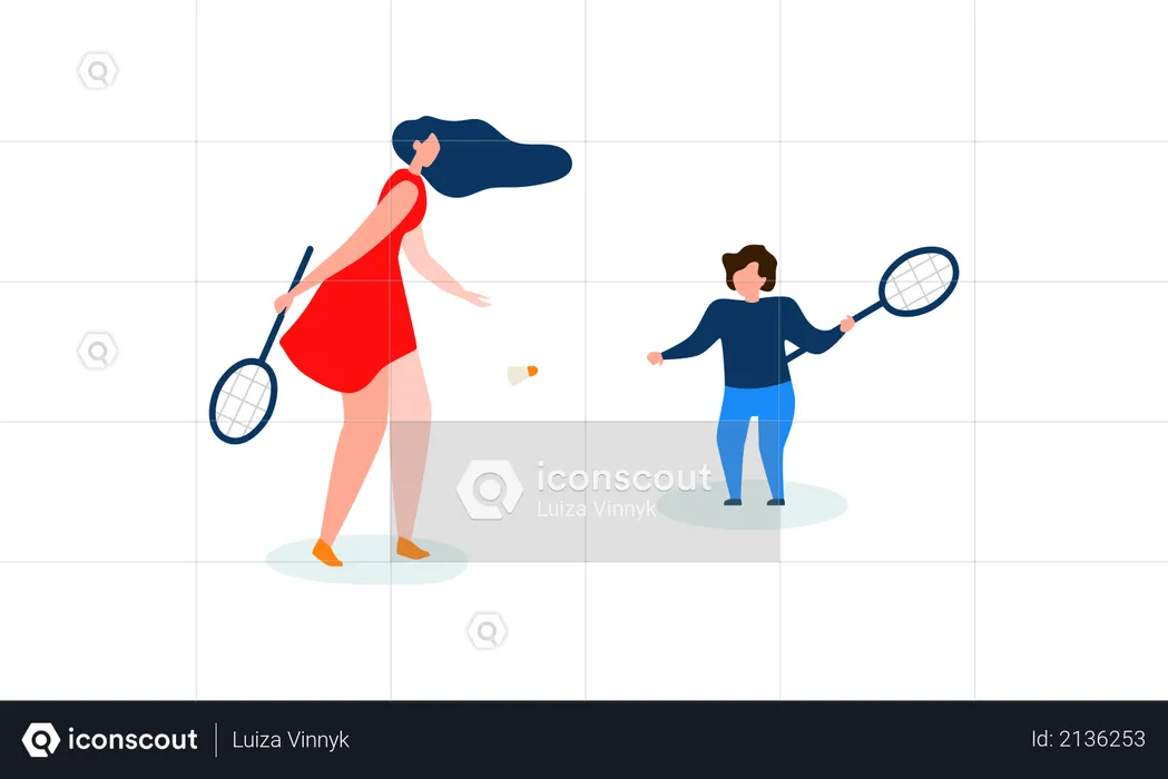 Mother and son playing badminton  Illustration