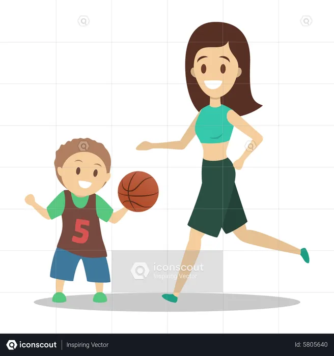 Mother and son playing basketball  Illustration
