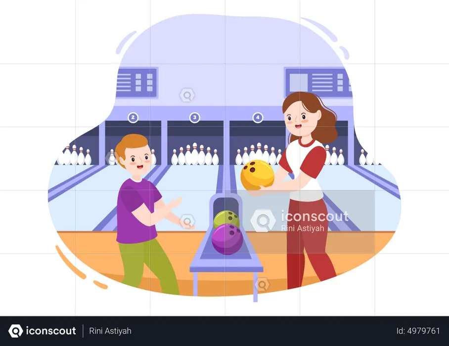 Mother and son Playing Bowling Game  Illustration