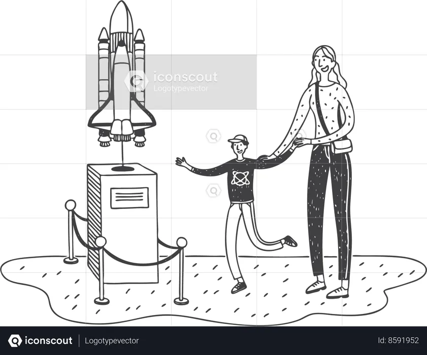 Mother and son standing near rocket at museum  Illustration