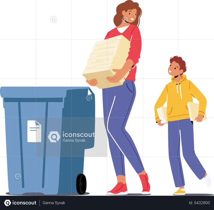 Mother and Son Throw Garbage into Containers  Illustration