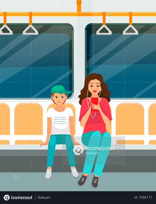 Mother and son traveling in metro train  Illustration