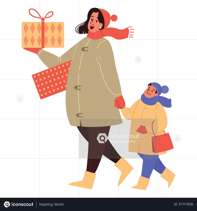 Mother and son walking with Christmas gifts  Illustration