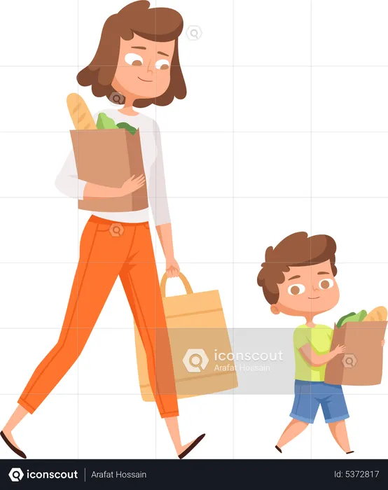 Mother and son walking with vegetables bags  Illustration