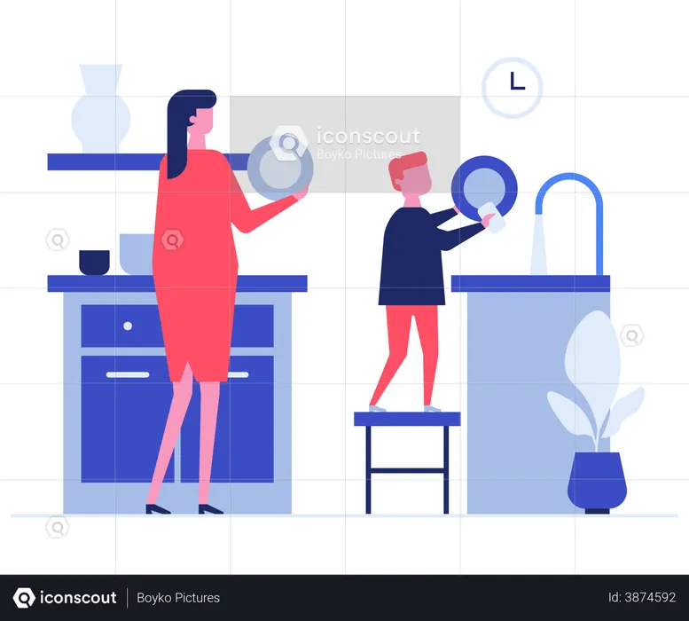 Mother and son washing dishes  Illustration