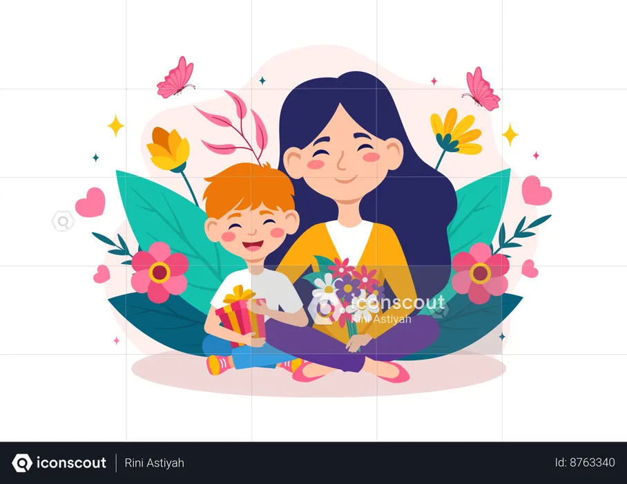 Mother and son with Flower and Gift  Illustration