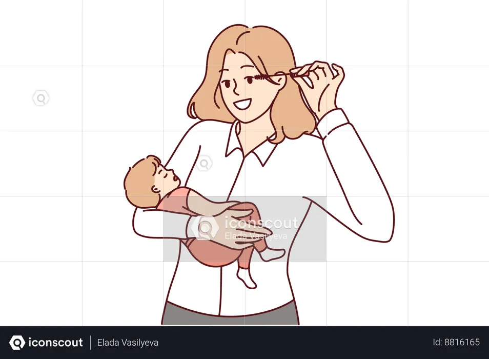 Mother applies mascara while feeding baby  Illustration