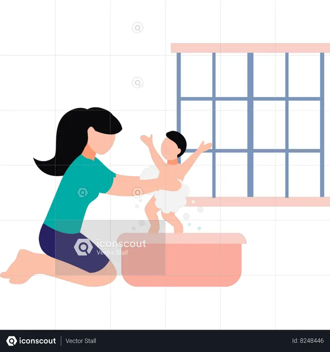 Mother bathing her child  Illustration