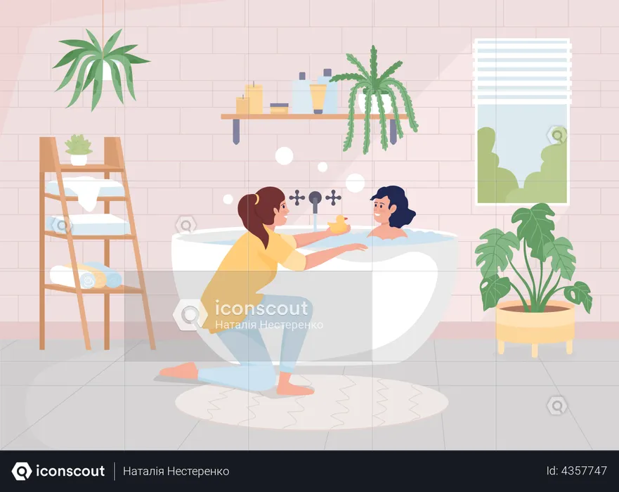 Mother bathing her daughter  Illustration