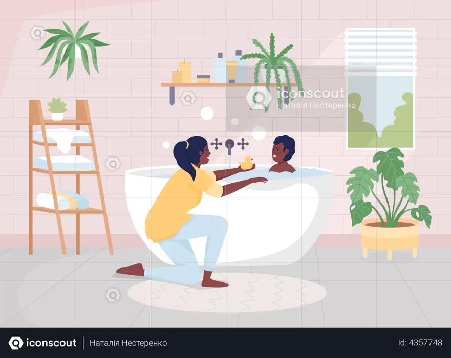 Mother bathing her son  Illustration