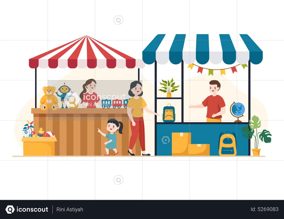 Mother buying toys and educational material at flea market  Illustration
