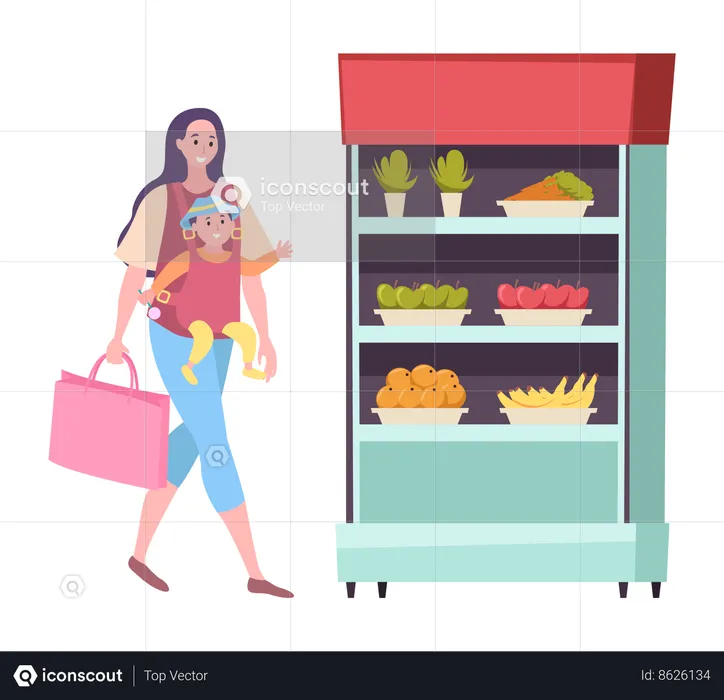 Mother carrying baby and doing shopping  Illustration