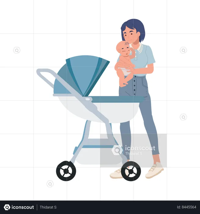 Mother carrying her baby into the baby stroller  Illustration
