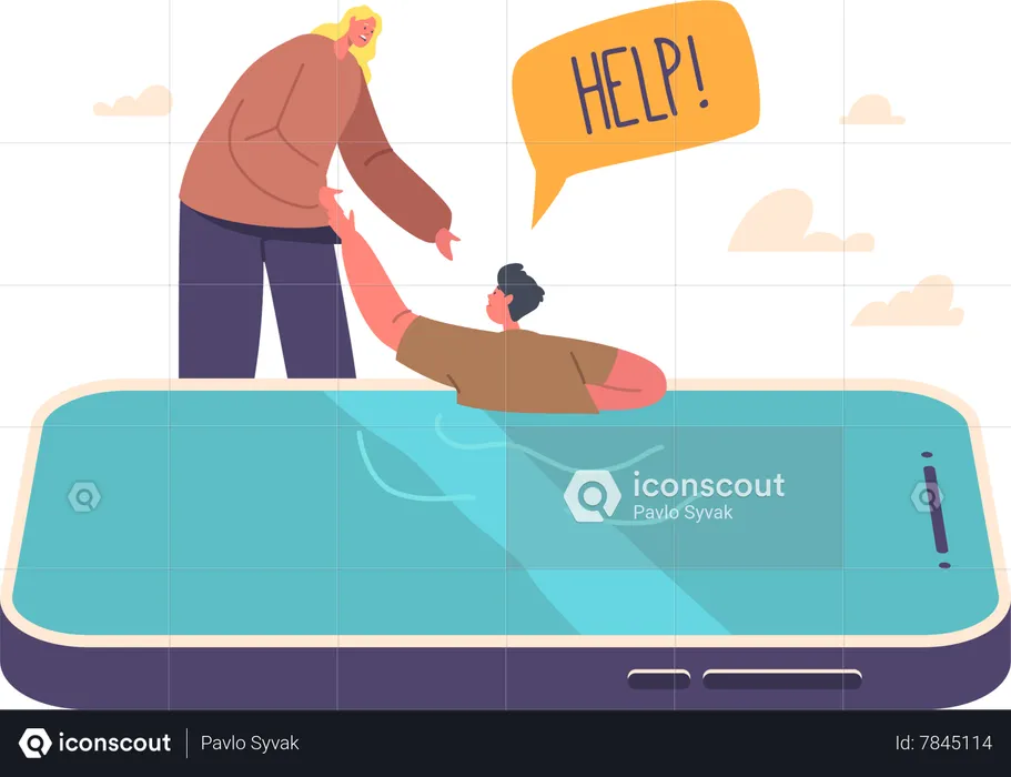 Mother Character Help Child Drowning In Smartphone Screen  Illustration