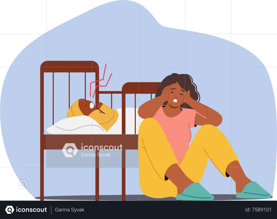 Mother Character Struggles With Depression While Tending To A Crying Baby In A Cot  Illustration