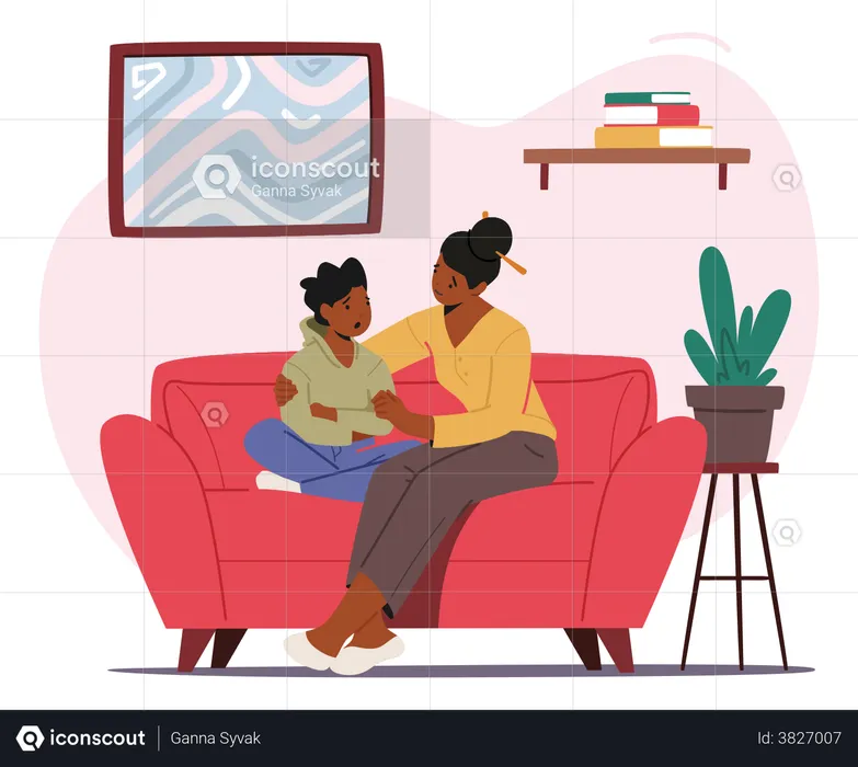 Mother Comforting Child Sitting On Sofa In Living Room  Illustration