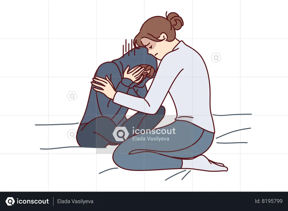 Mother consoles crying daughter who is depressed due to poor school performance  Illustration