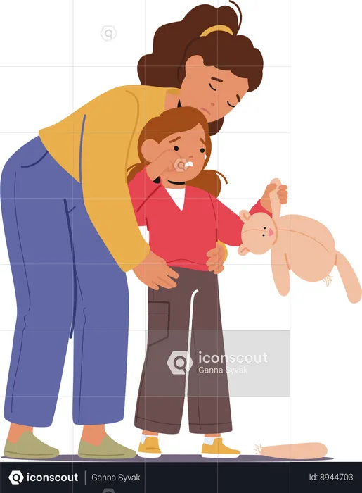 Mother consoles her crying daughter  Illustration