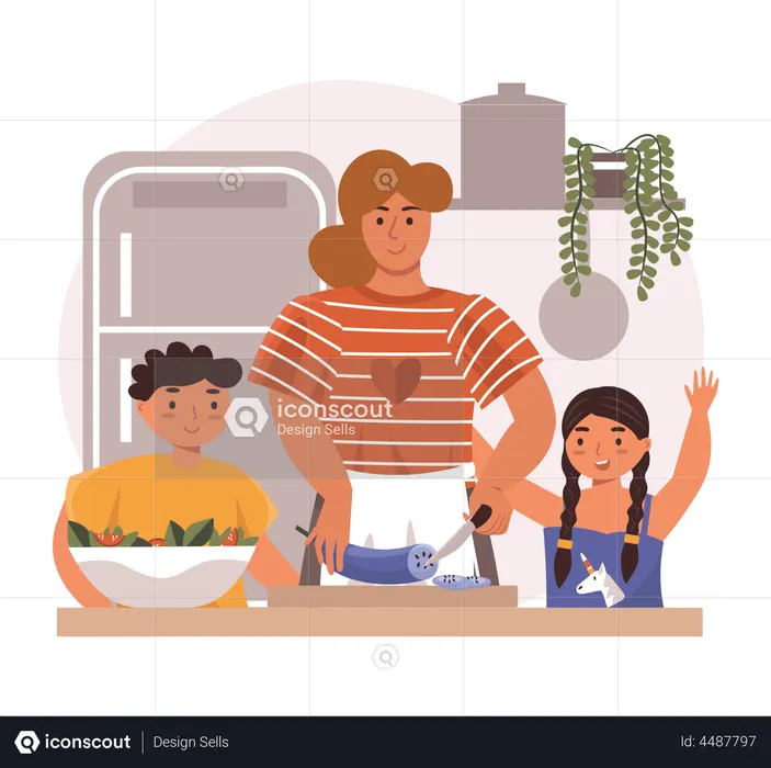 Mother cooking food with kids  Illustration