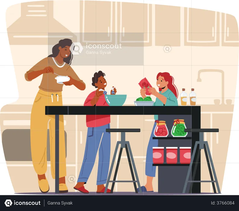 Mother cooking meal with kids in the kitchen  Illustration
