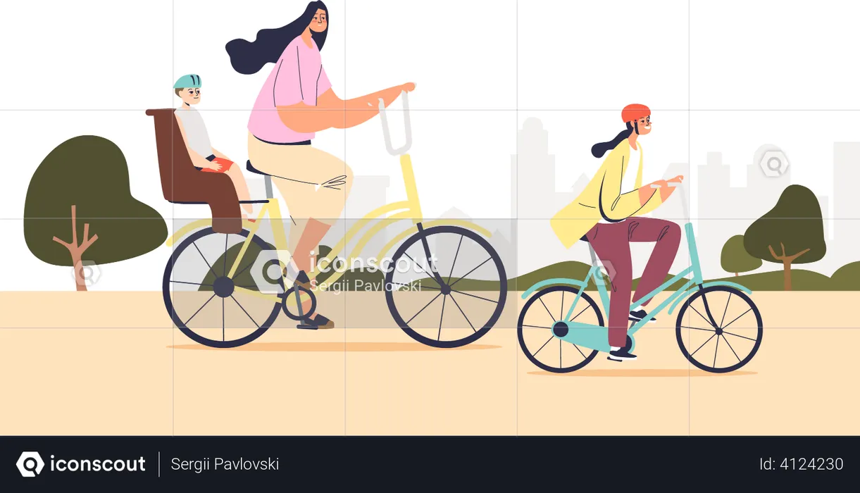 Mother cycling together with two kids  Illustration