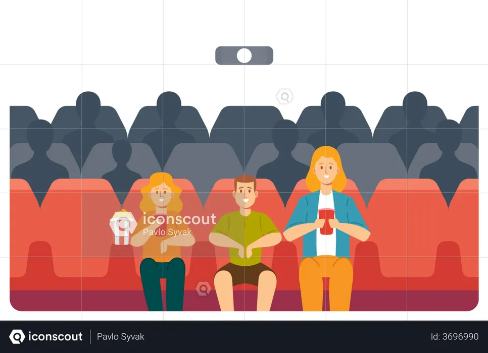 Mother, Daughter and Son Enjoying Film at Movie Theatre  Illustration