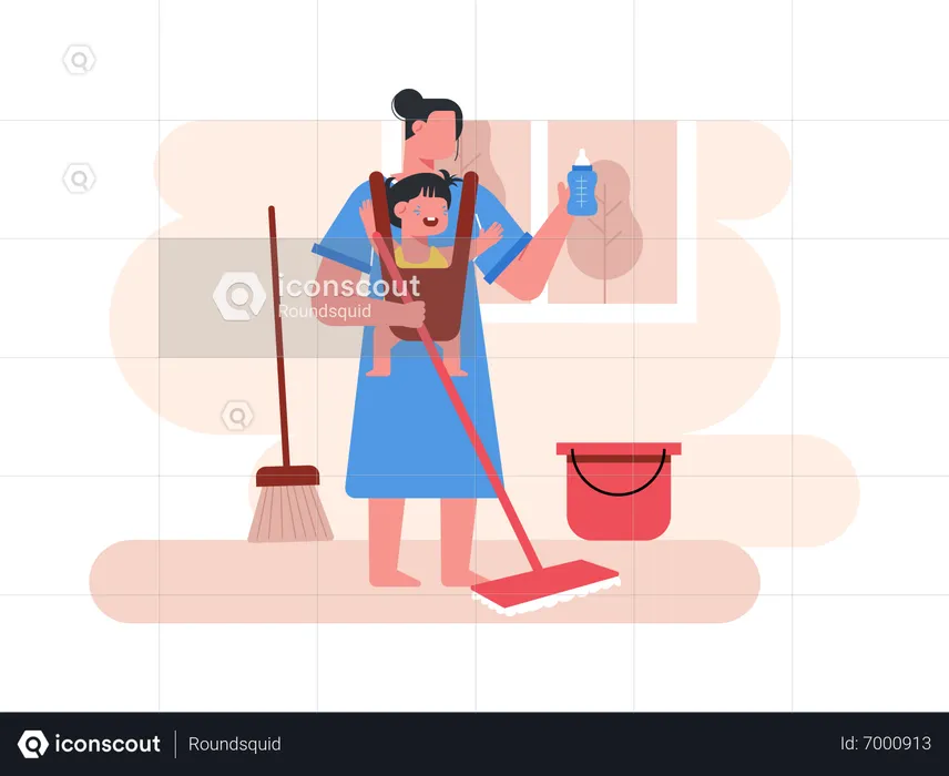 Mother doing housework while carrying kid  Illustration