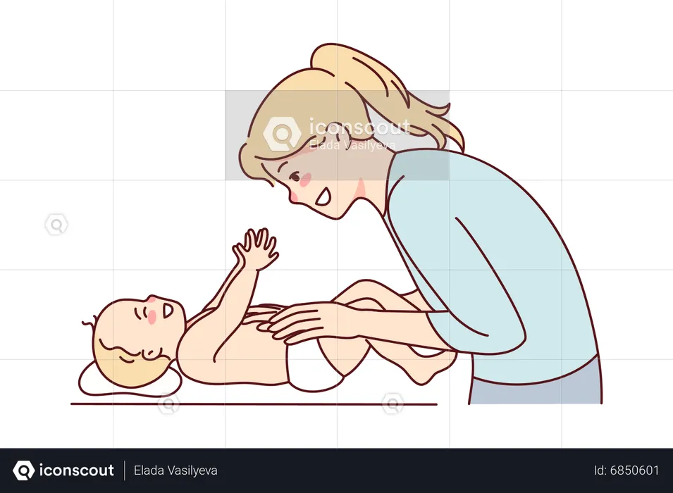 Mother dressing baby with diaper  Illustration