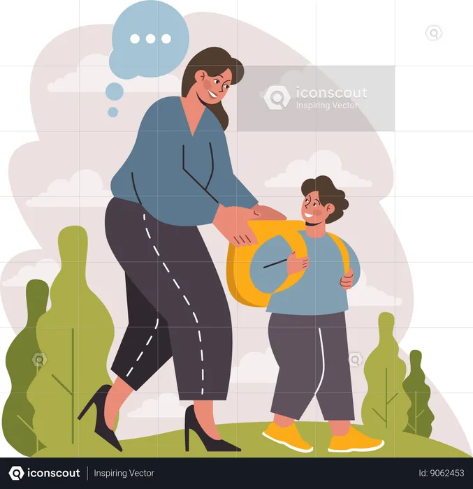 Mother dropping her child with school bag  Illustration