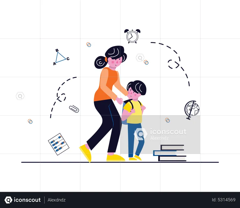 Mother dropping son at school  Illustration