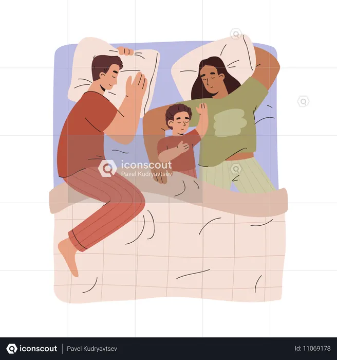 Mother father and child sleeping together  Illustration