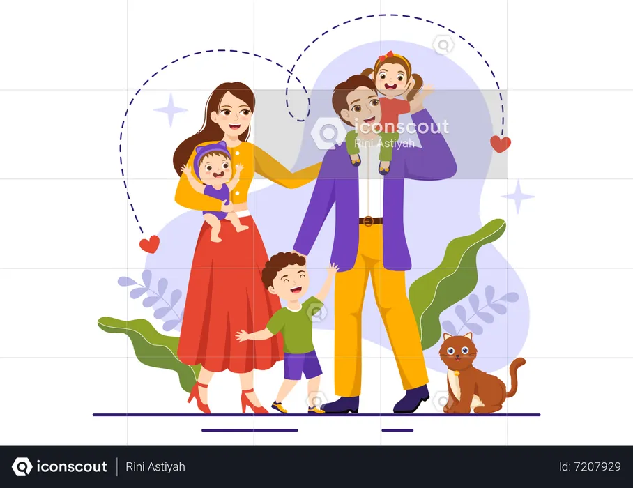 Mother, Father and Kids standing together  Illustration