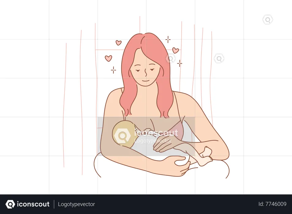 Mother Feed Baby with Breast Sitting on Floor  Illustration