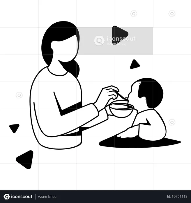 Mother feeding baby food to son  Illustration