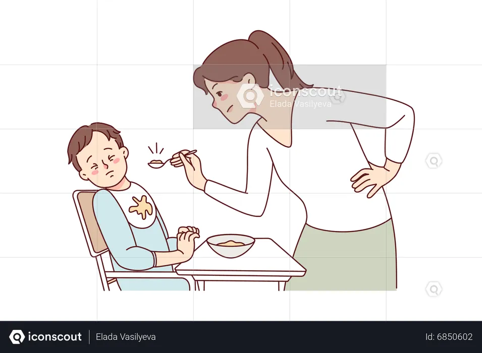 Mother feeding food to naughty child  Illustration