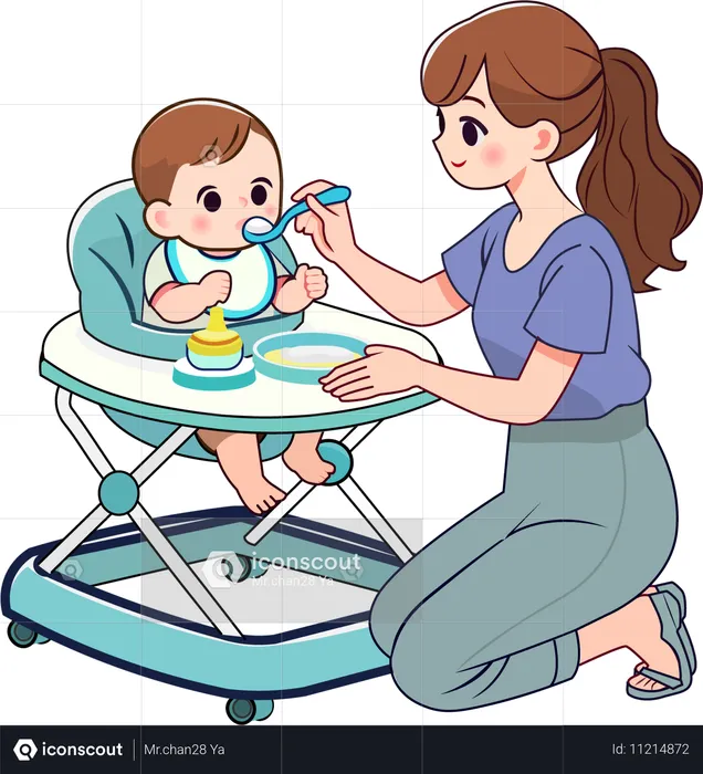 Mother feeds baby sitting in baby walker  Illustration