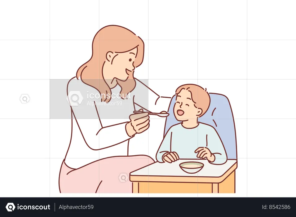 Mother feeds boy sitting in child seat with spoon  Illustration