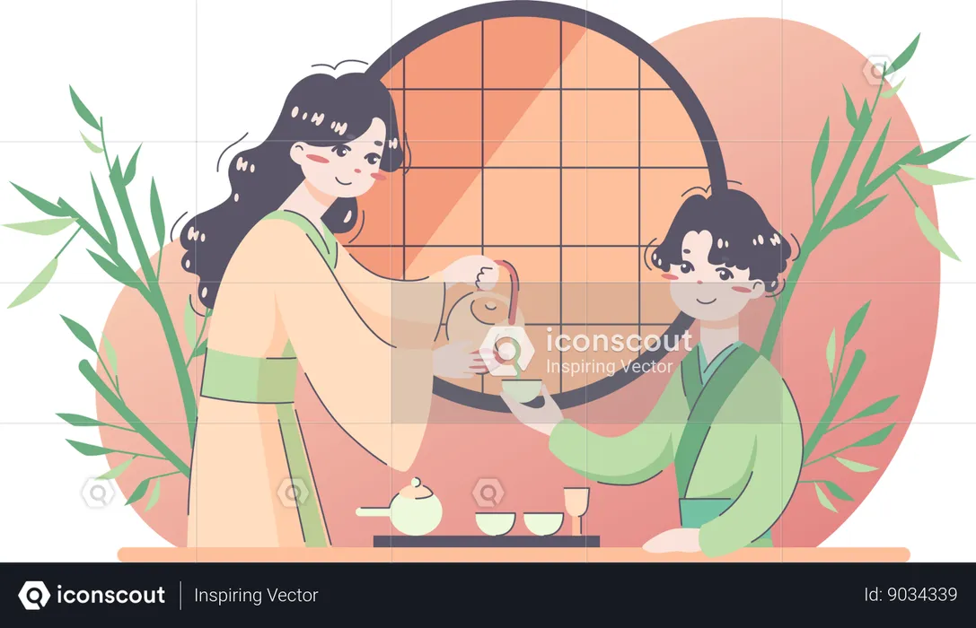 Mother gives tea to her kid from tea pot  Illustration