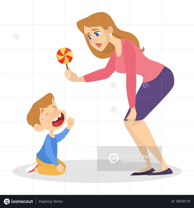 Mother giving candy to crying boy  Illustration